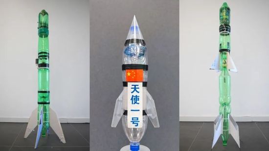 一级水火箭(左)、“天使一号”水火箭(中)、二级水火箭(右)