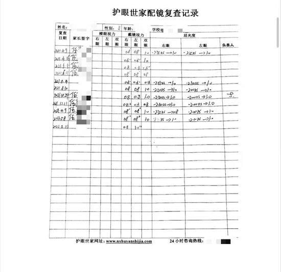 任女士女儿在护眼世家配镜复查记录