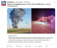 美国一农场爆炸!1.8万头奶牛死亡 大多数正等待挤奶